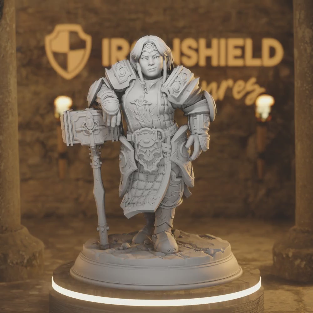 Dwarf Conquest Paladin Knight Cleric - Enira — 360° rotating view of 3D printed DnD miniature