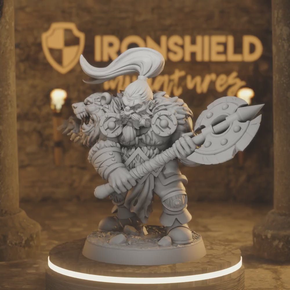 Ortwayn - Dwarf Barbarian Warrior Axe Soldier Fighter — 360° rotating view of 3D printed DnD miniature