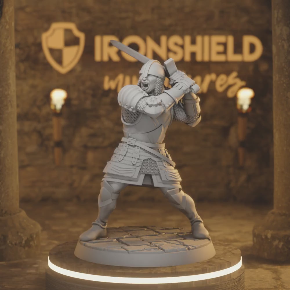 Rodrick Male Human Knight Swordsman Soldier — 360° rotating view of 3D printed DnD miniature