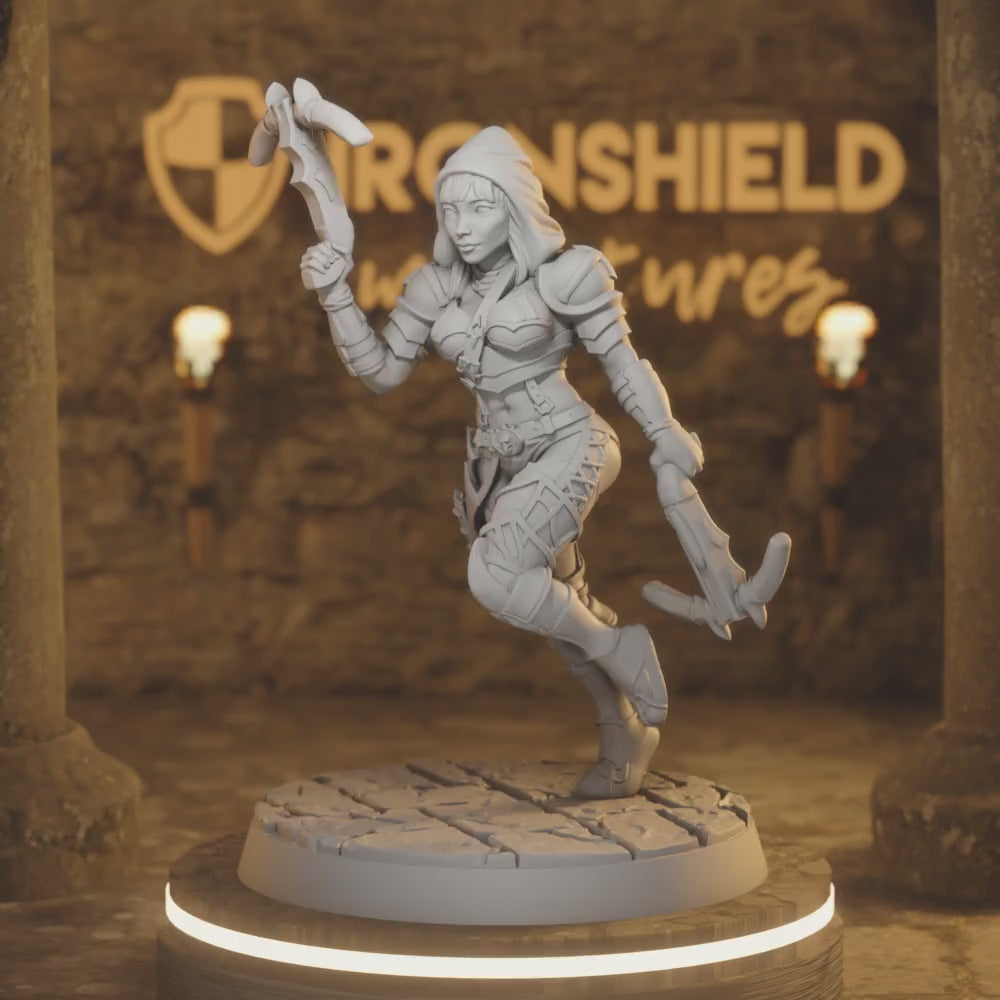 Vanel – Female Ranger Rogue Dual Wield Assassin Agile — 360° rotating view of 3D printed DnD miniature
