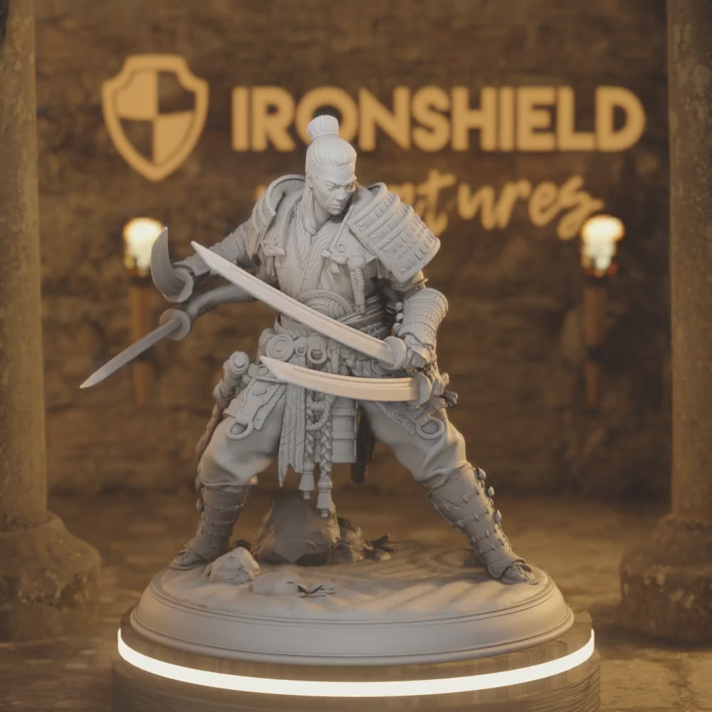 Owaranai Oni Samurai Fiend Fighter Demon — 360° rotating view of 3D printed DnD miniature