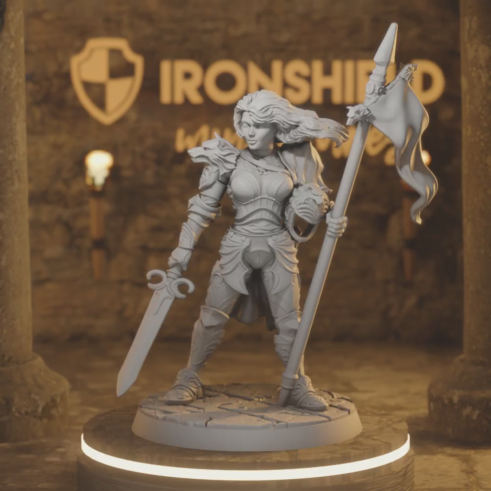 Brunhilda Female Knight Banner Fighter Paladin — 360° rotating view of 3D printed DnD miniature
