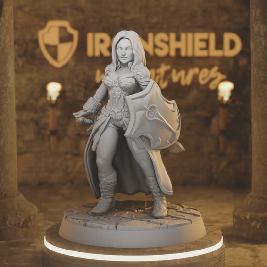 Esabell – Shieldmaiden Paladin Defender Heroine — 360° rotating view of 3D printed DnD miniature