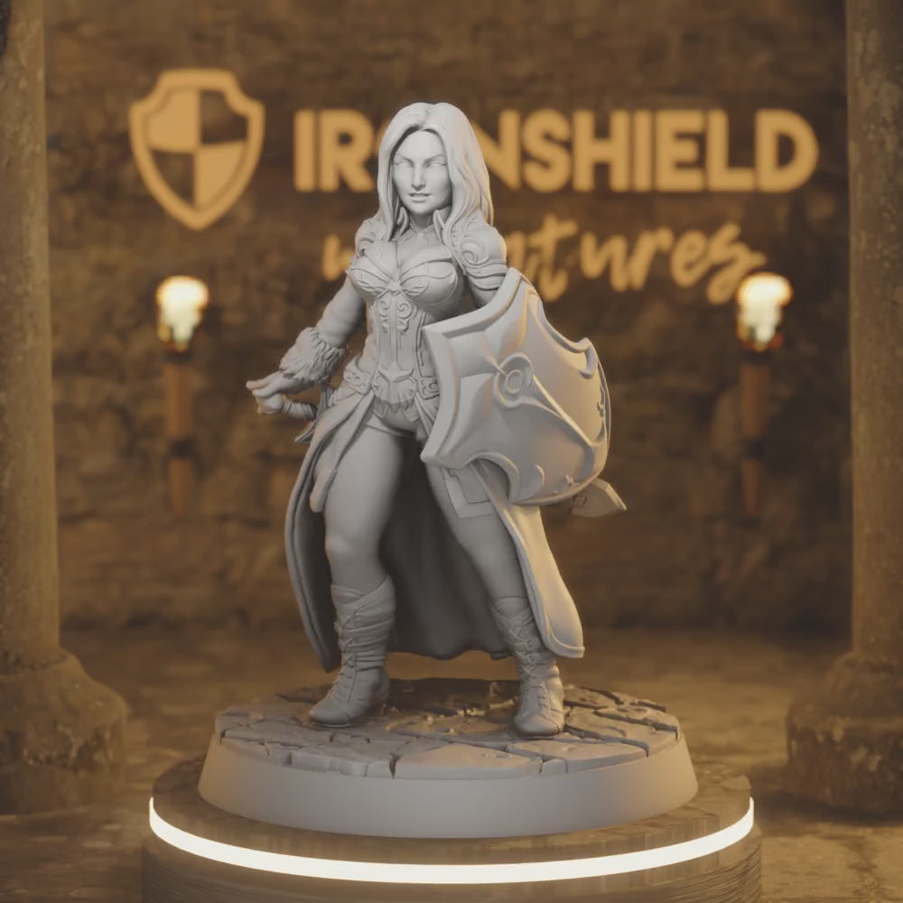 Esabell – Shieldmaiden Paladin Defender Heroine — 360° rotating view of 3D printed DnD miniature