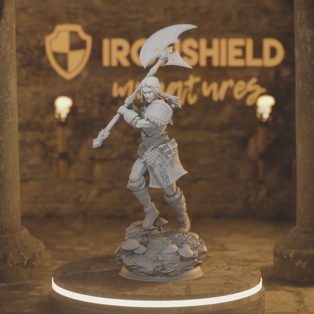 Human Wolf Barbarian Fighter Ariana Grey — 360° rotating view of 3D printed DnD miniature