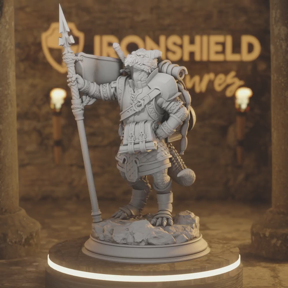 Archemen Azmordion Beastfolk Dragon Paladin Bannerman — 360° rotating view of 3D printed DnD miniature