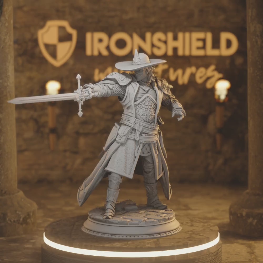 Sir Davion Hunter Swordsman Knight — 360° rotating view of 3D printed DnD miniature
