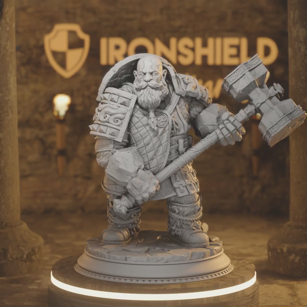 Kilroy Dwarf Elemi Cleric Paladin Earth — 360° rotating view of 3D printed DnD miniature