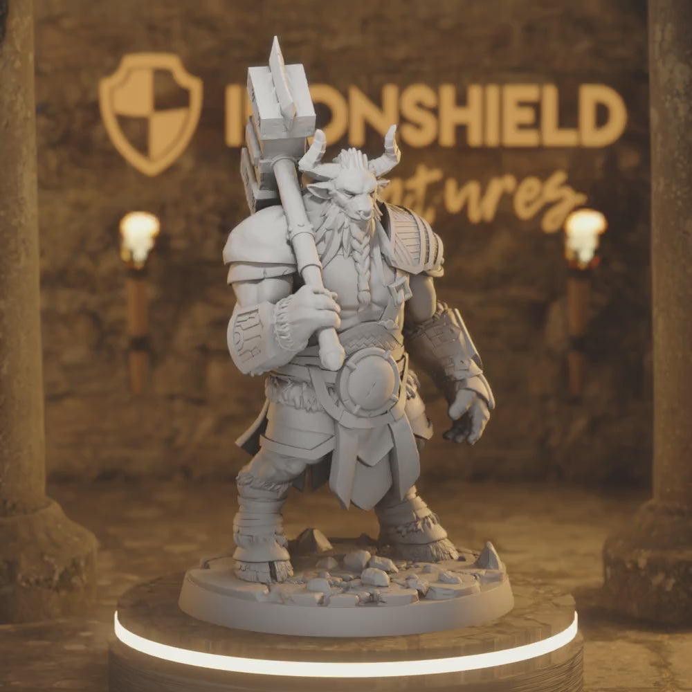 Nautrir Combat Minotaur Hammer Barbarian — 360° rotating view of 3D printed DnD miniature