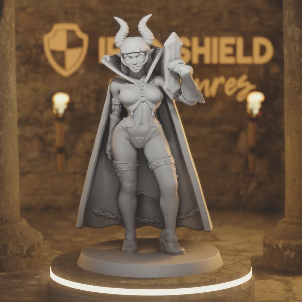 Ambrosia Female Tiefling Demonic Fighter Girl — 360° rotating view of 3D printed DnD miniature