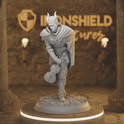 Eramis Tiefling Bard Fighter NPC — 360° rotating view of 3D printed DnD miniature
