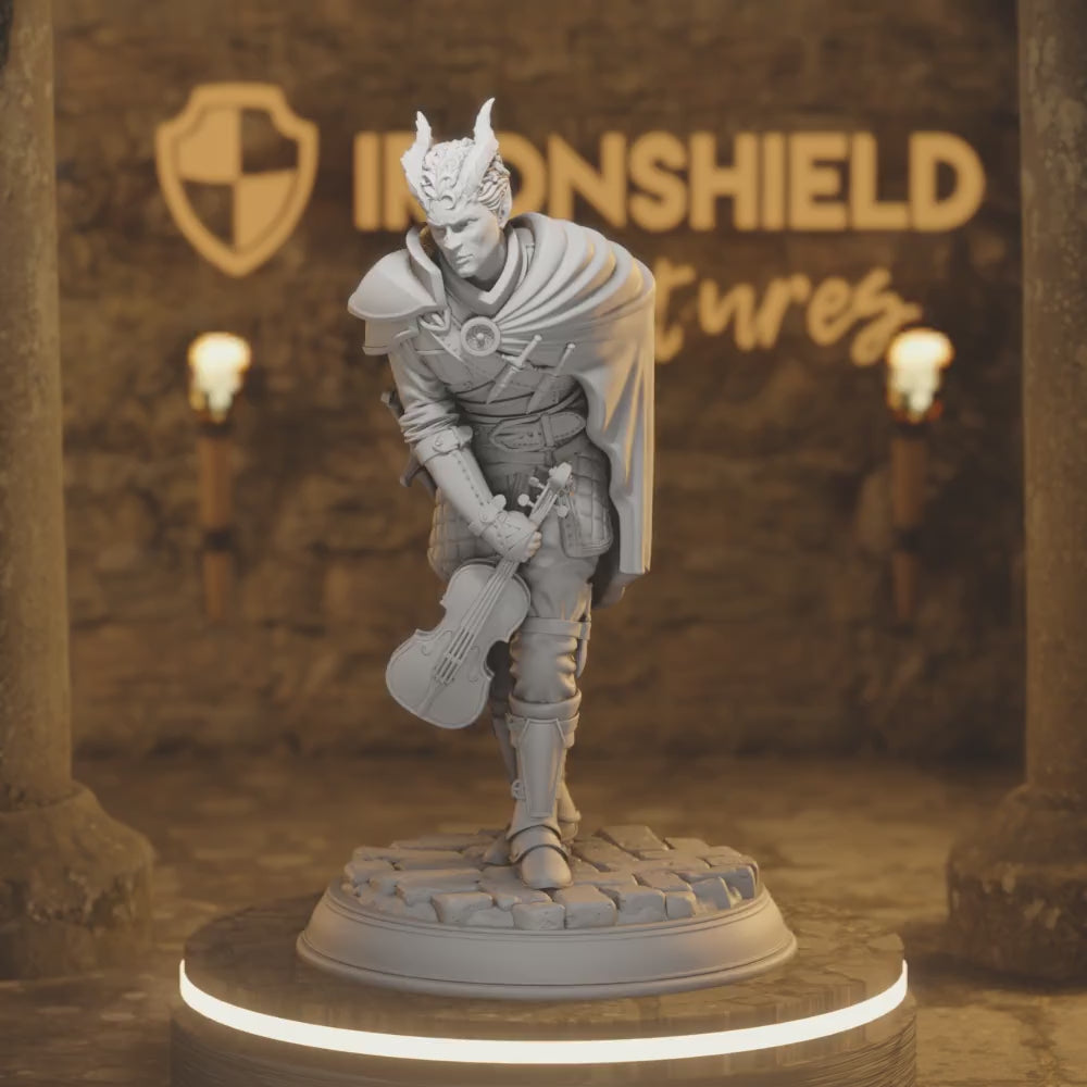 Eramis Tiefling Bard Fighter NPC — 360° rotating view of 3D printed DnD miniature