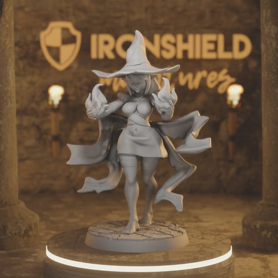 Veena - Female Elf Mage Wizard Sorcerer Fire — 360° rotating view of 3D printed DnD miniature