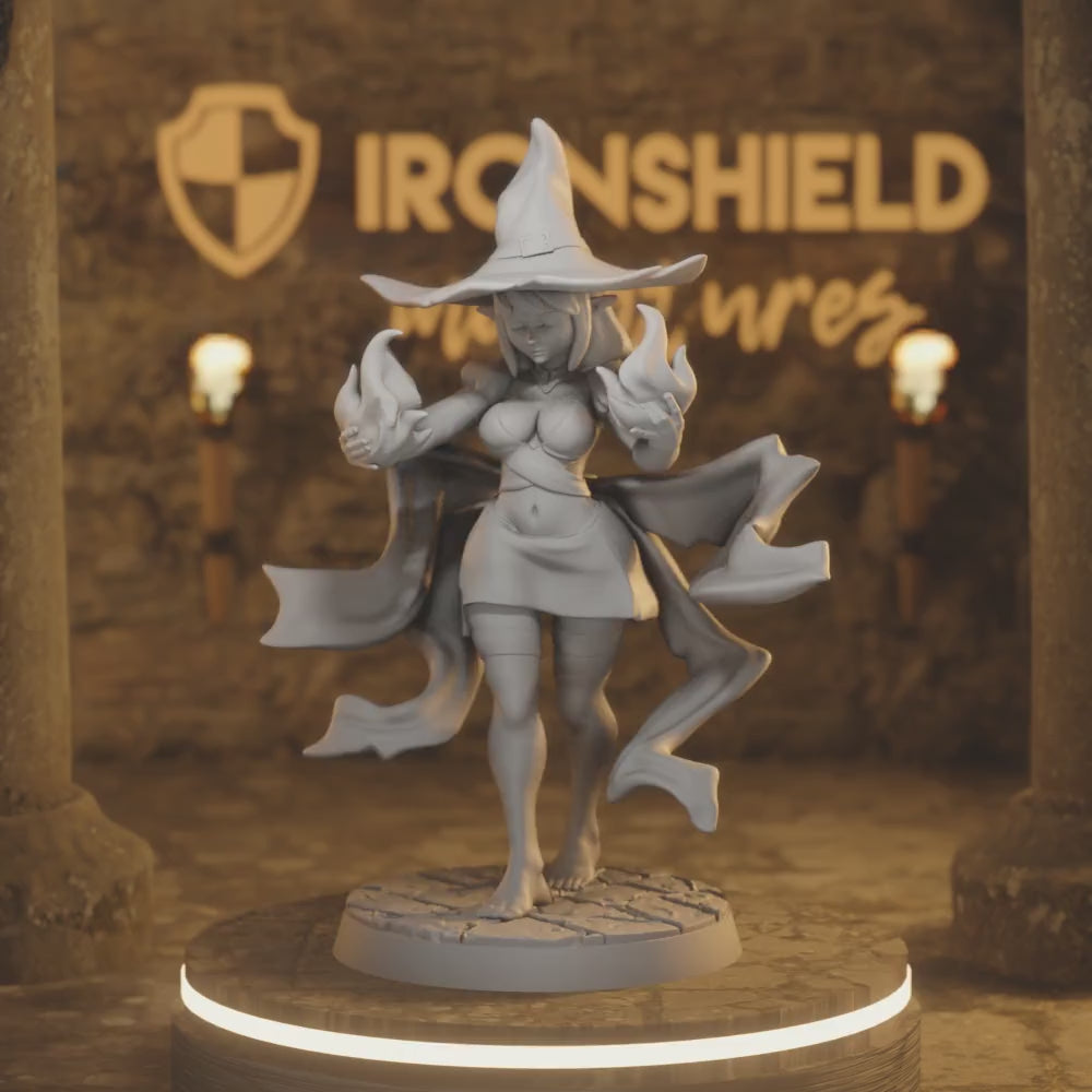 Veena - Female Elf Mage Wizard Sorcerer Fire — 360° rotating view of 3D printed DnD miniature