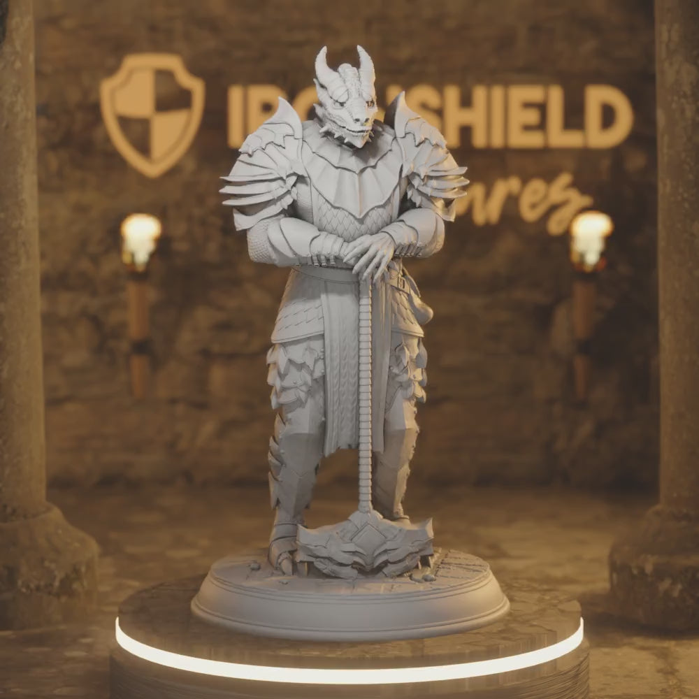 Dragonborn Warriors - Dragon Knight Hammer Soldier — 360° rotating view of 3D printed DnD miniature