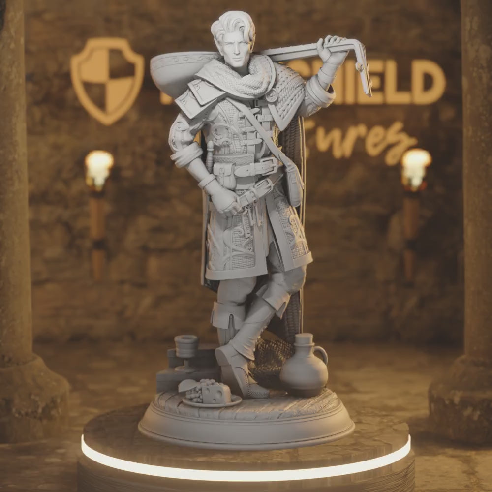 Rogue Elf Bard 5e - Nathaniel Figure — 360° rotating view of 3D printed DnD miniature