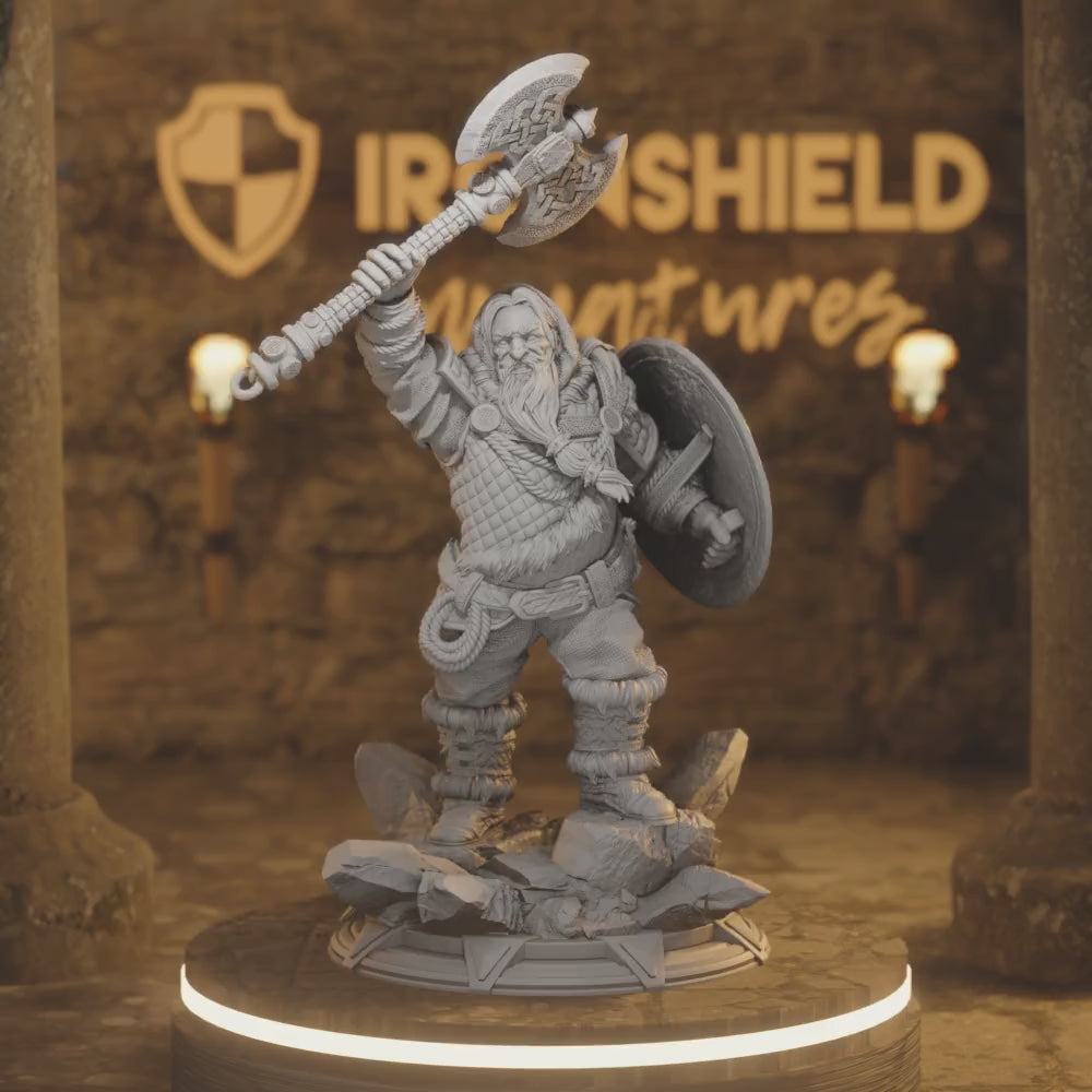 Ziln - Dwarf Cleric Sharp Axe Warrior — 360° rotating view of 3D printed DnD miniature
