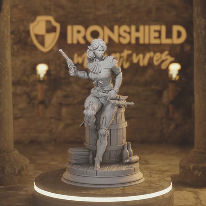 Priscilia Elf Rogue DnD miniature 3D printed resin tabletop RPG figure with mechanical legs and pistol
