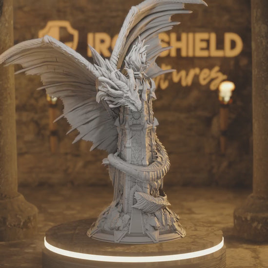 Fyroth - Ancient Mana Wyrm + Tower — 360° rotating view of 3D printed DnD miniature
