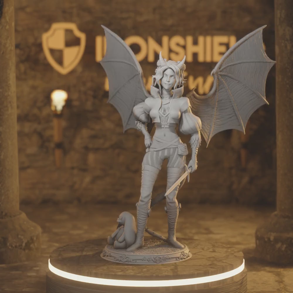 Tiefling Warlock Sorcerer 5e - Mhari — 360° rotating view of 3D printed DnD miniature