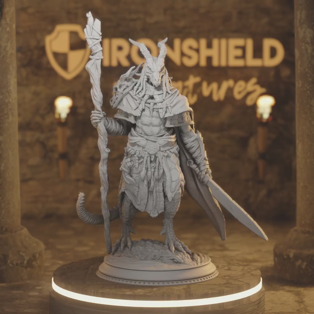 Horzin Beastfolk Dragonfolk Druid Warlock — 360° rotating view of 3D printed DnD miniature