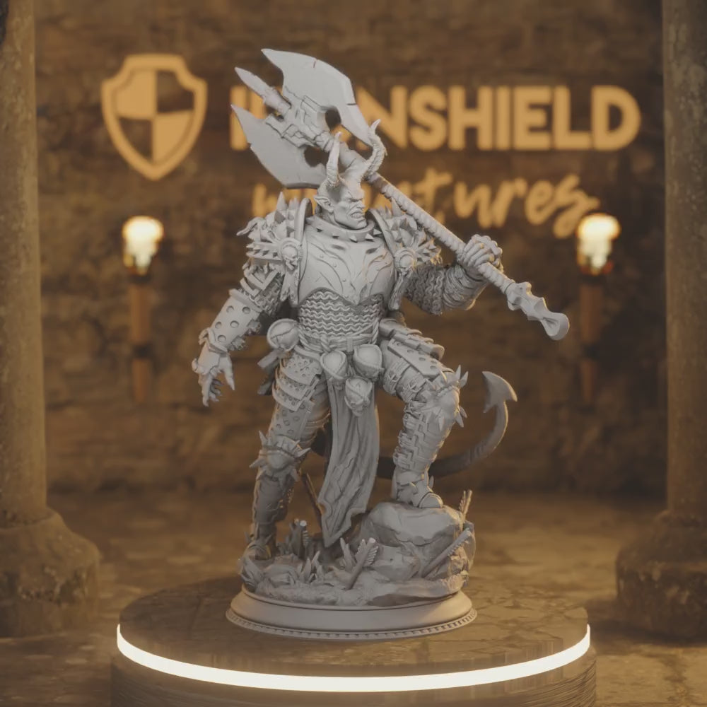 Skorn Tiefling Barbarian Demon Monster — 360° rotating view of 3D printed DnD miniature