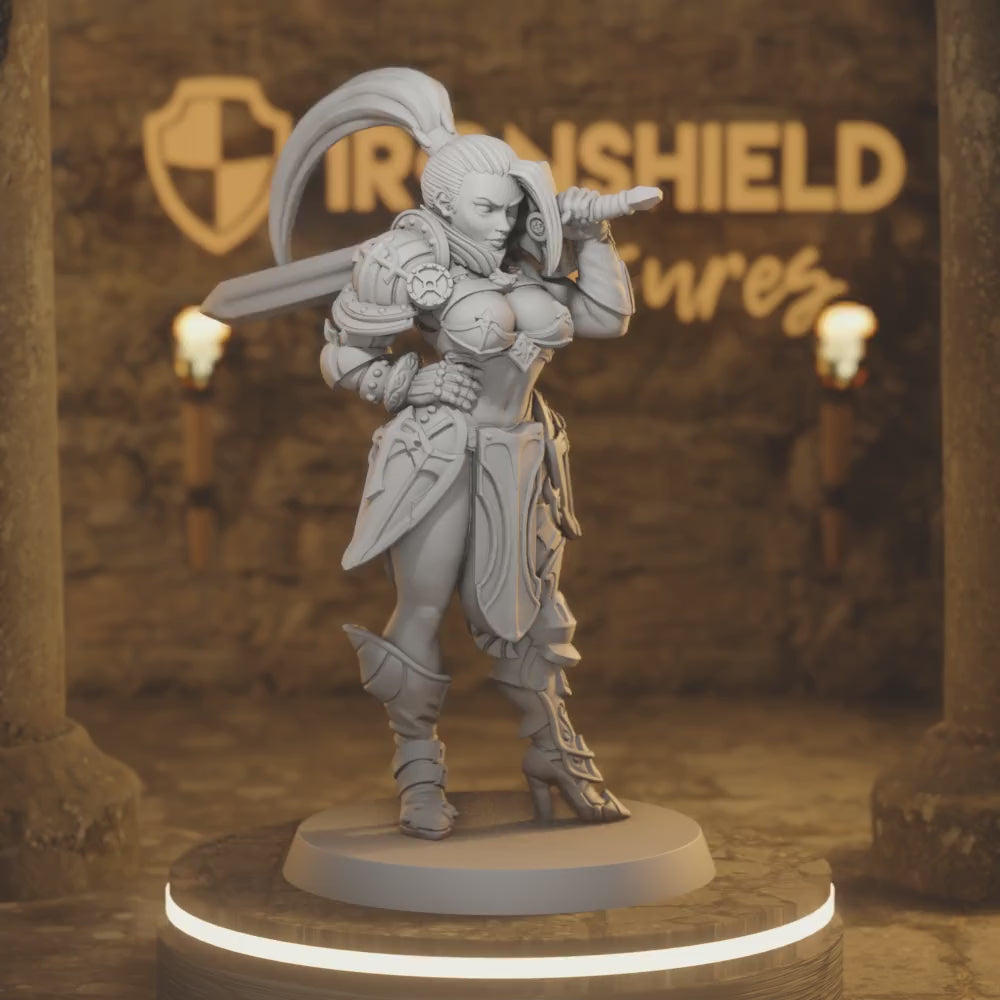 Skyla - Human Fighter Warrior Armed Paladin — 360° rotating view of 3D printed DnD miniature