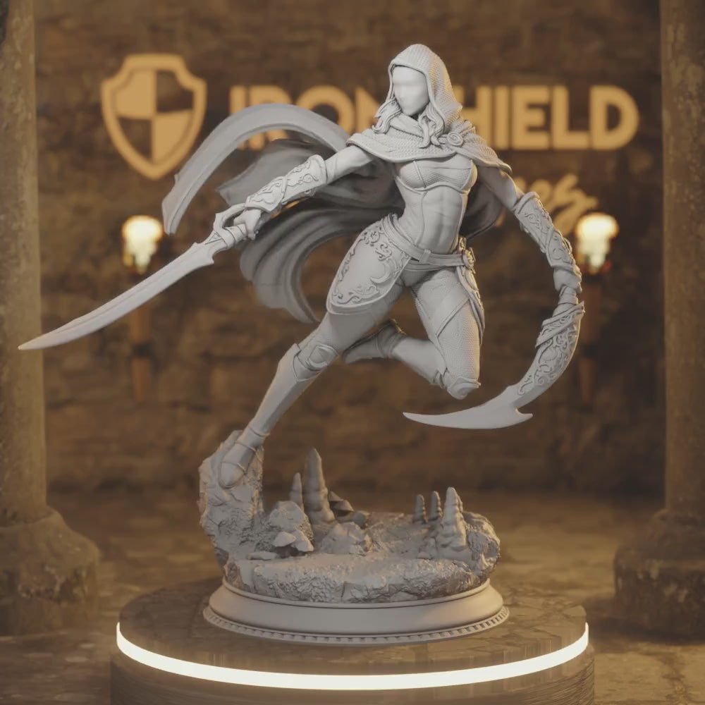 Xira – Shadowblade Drow Assassin Rogue — 360° rotating view of 3D printed DnD miniature