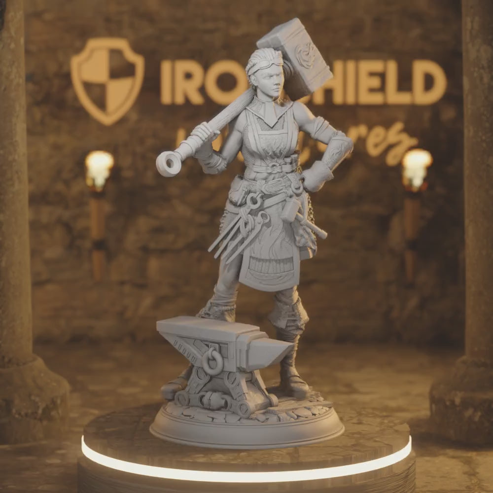Em Oddflame Forge Blacksmith Artificer — 360° rotating view of 3D printed DnD miniature