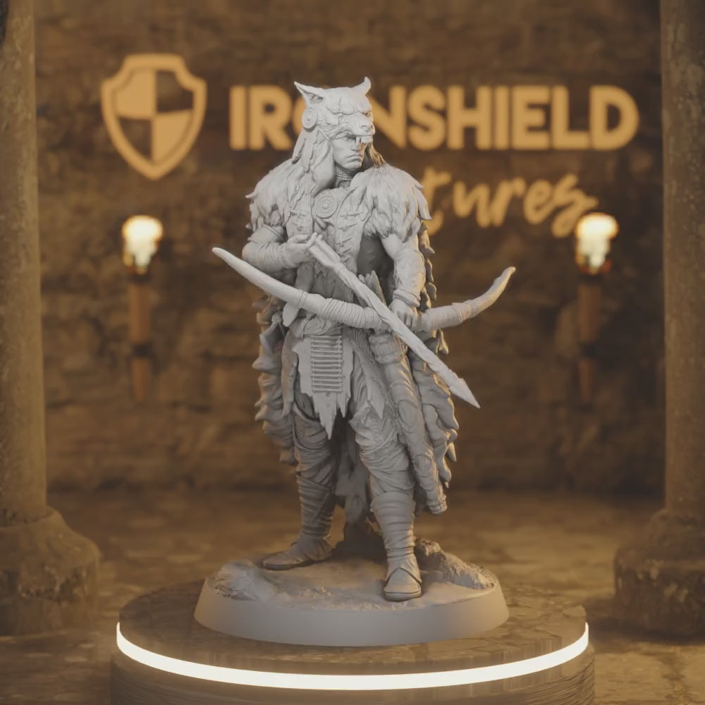 Joukhanri – Clan Huntmaster – Tribal Tracker Ranger Warlord — 360° rotating view of 3D printed DnD miniature