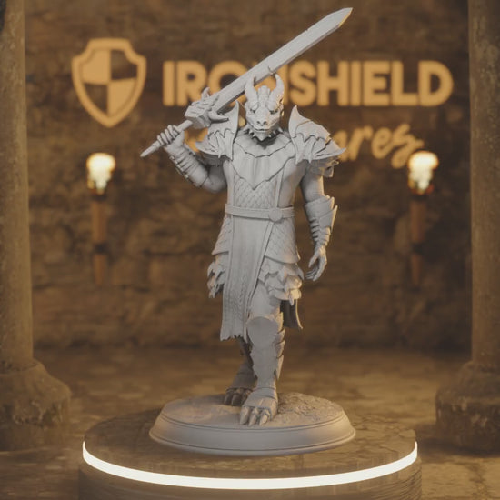Dragonborn Warriors - Dragon Knight Swordsman Fighter — 360° rotating view of 3D printed DnD miniature