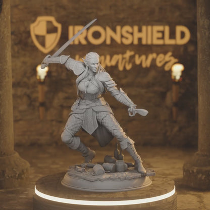 Water Genasi Rogue - Hali Brookes Elf Sword — 360° rotating view of 3D printed DnD miniature