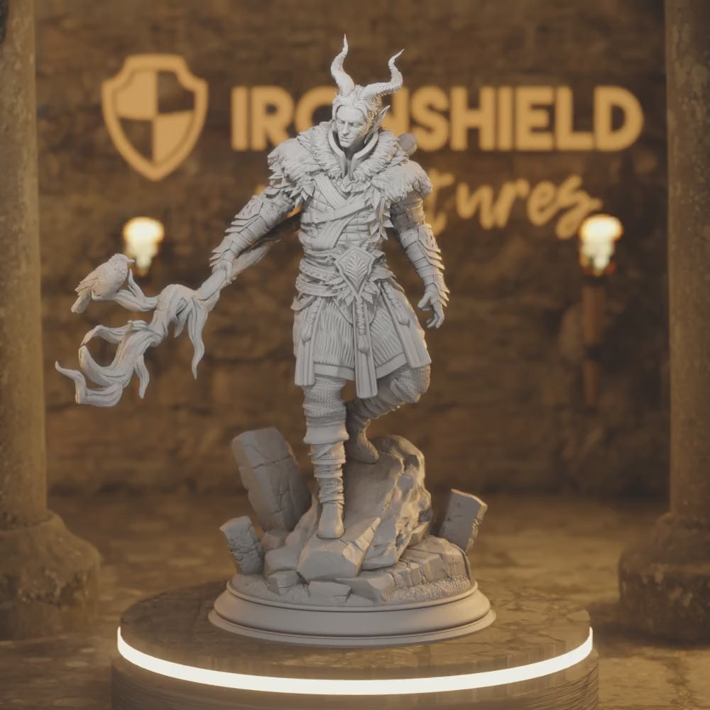 Garyck Demon - Fey Tiefling Druid Guardian — 360° rotating view of 3D printed DnD miniature