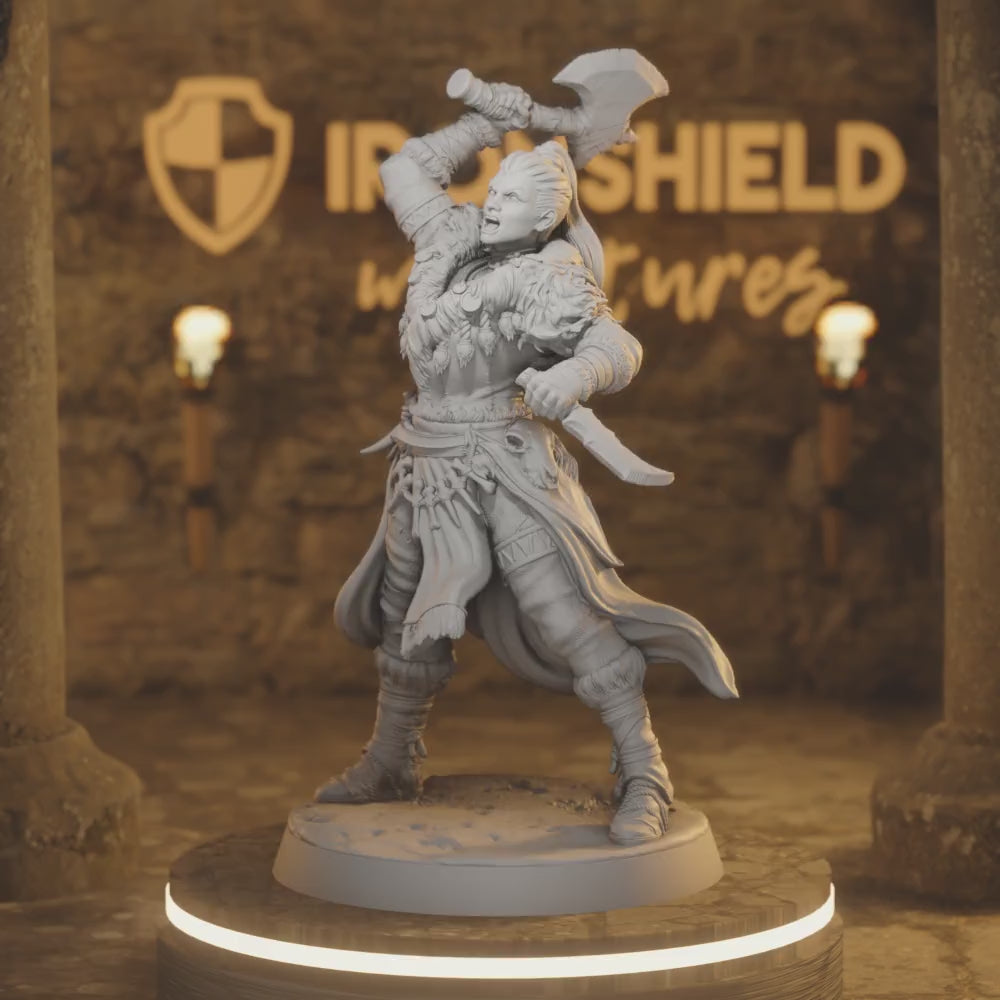 Clan Warrior 2 – Viking Female Berserker Fighter — 360° rotating view of 3D printed DnD miniature