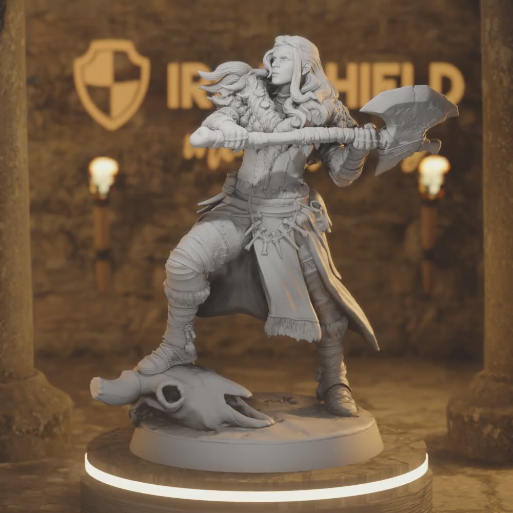 Clan Warrior 4 – Viking Berserker Female Barbarian — 360° rotating view of 3D printed DnD miniature