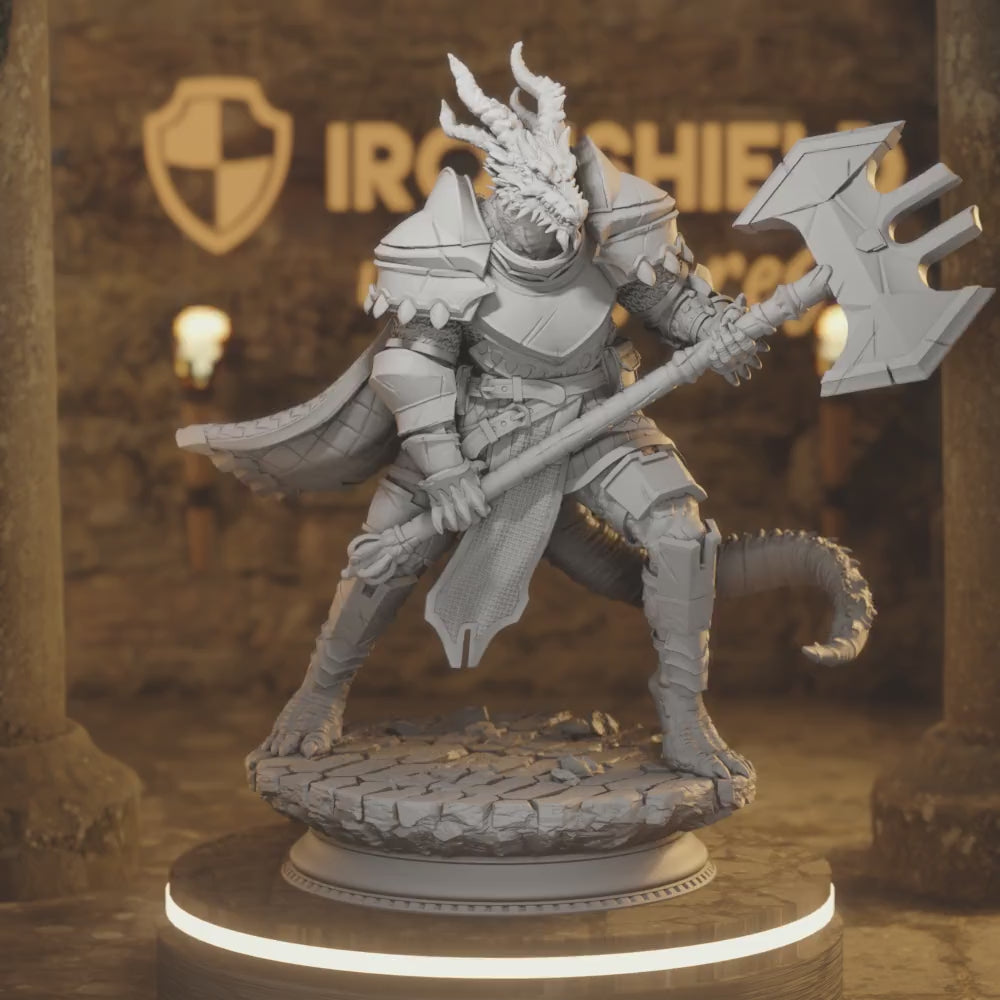 Azmordion Beastfolk Dragon Barbarian Fight — 360° rotating view of 3D printed DnD miniature