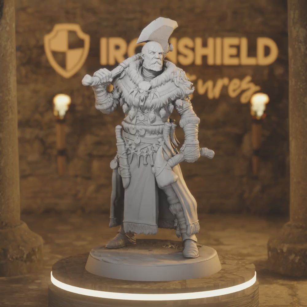 Clan Warrior 3 – Viking Barbarian Berserker Chieftain — 360° rotating view of 3D printed DnD miniature