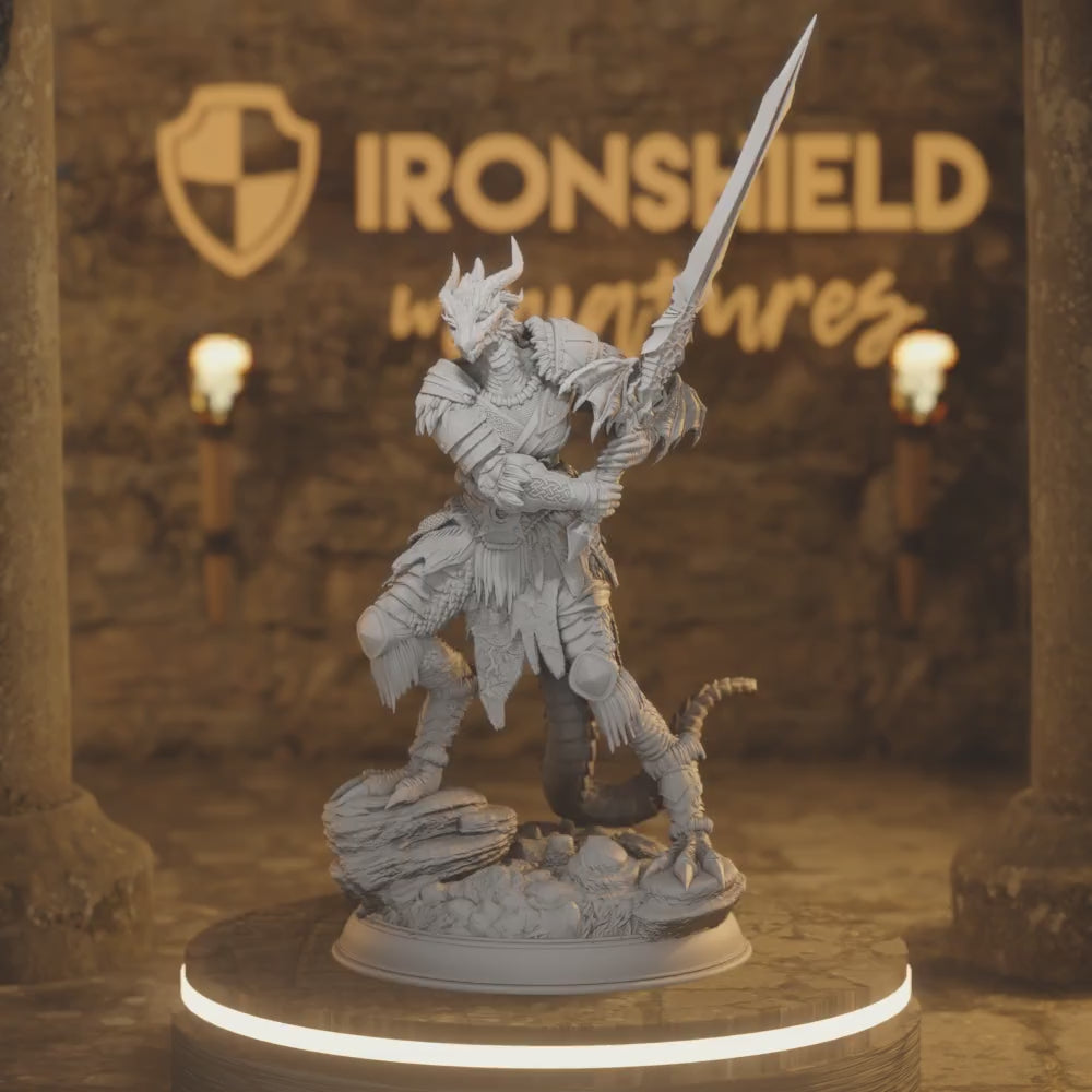 Veseria - Female Dragonborn Beastfolk Barbarian — 360° rotating view of 3D printed DnD miniature