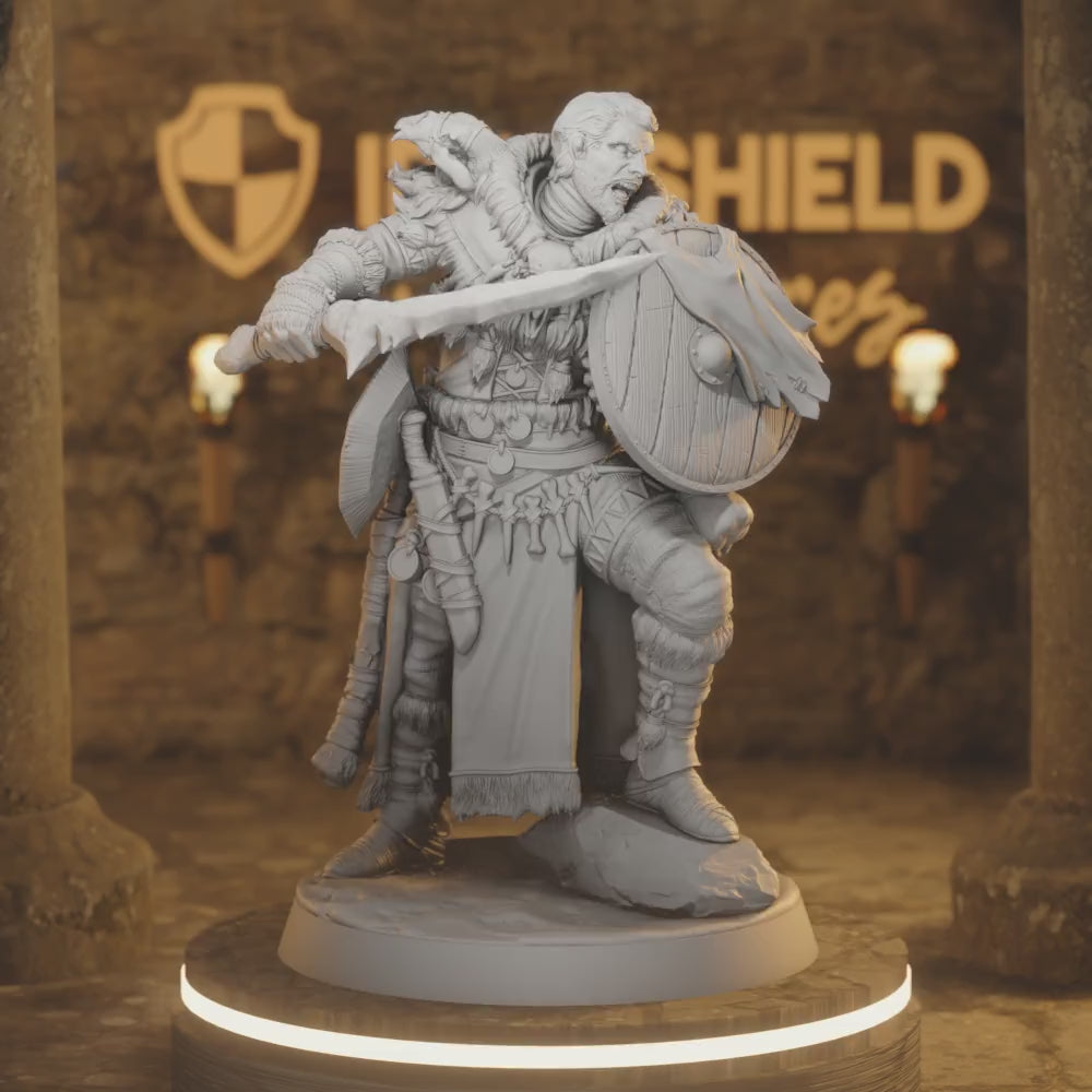 Clan Warrior 5 – Tribal Fighter Torch Wielder — 360° rotating view of 3D printed DnD miniature