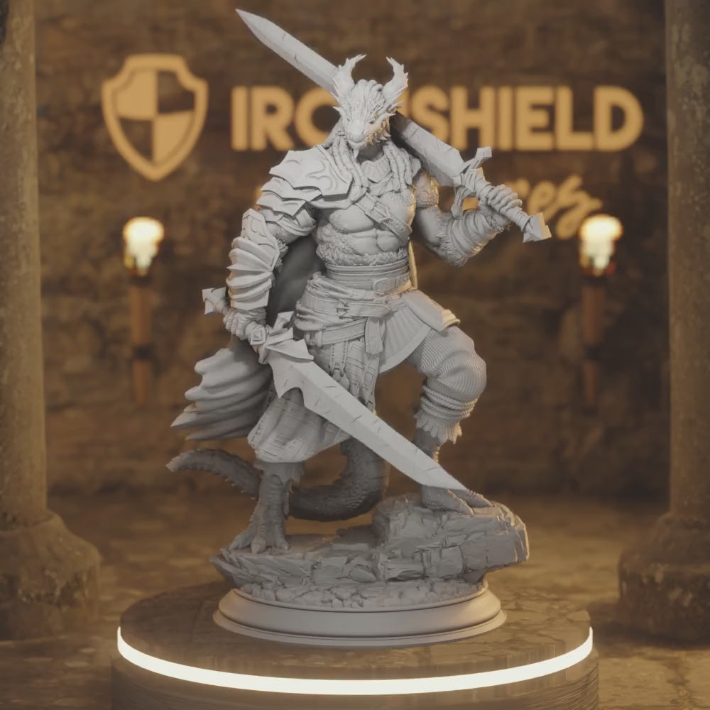 Skraa Beastfolk Dragon Barbarian Warrior — 360° rotating view of 3D printed DnD miniature