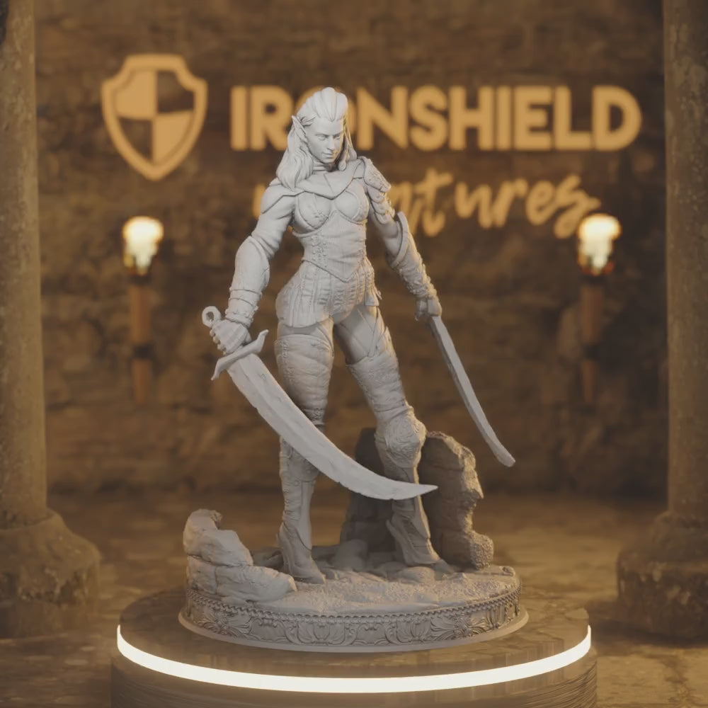 Scarlett Elven Shadowfoot Fighter Rogue Warrior — 360° rotating view of 3D printed DnD miniature