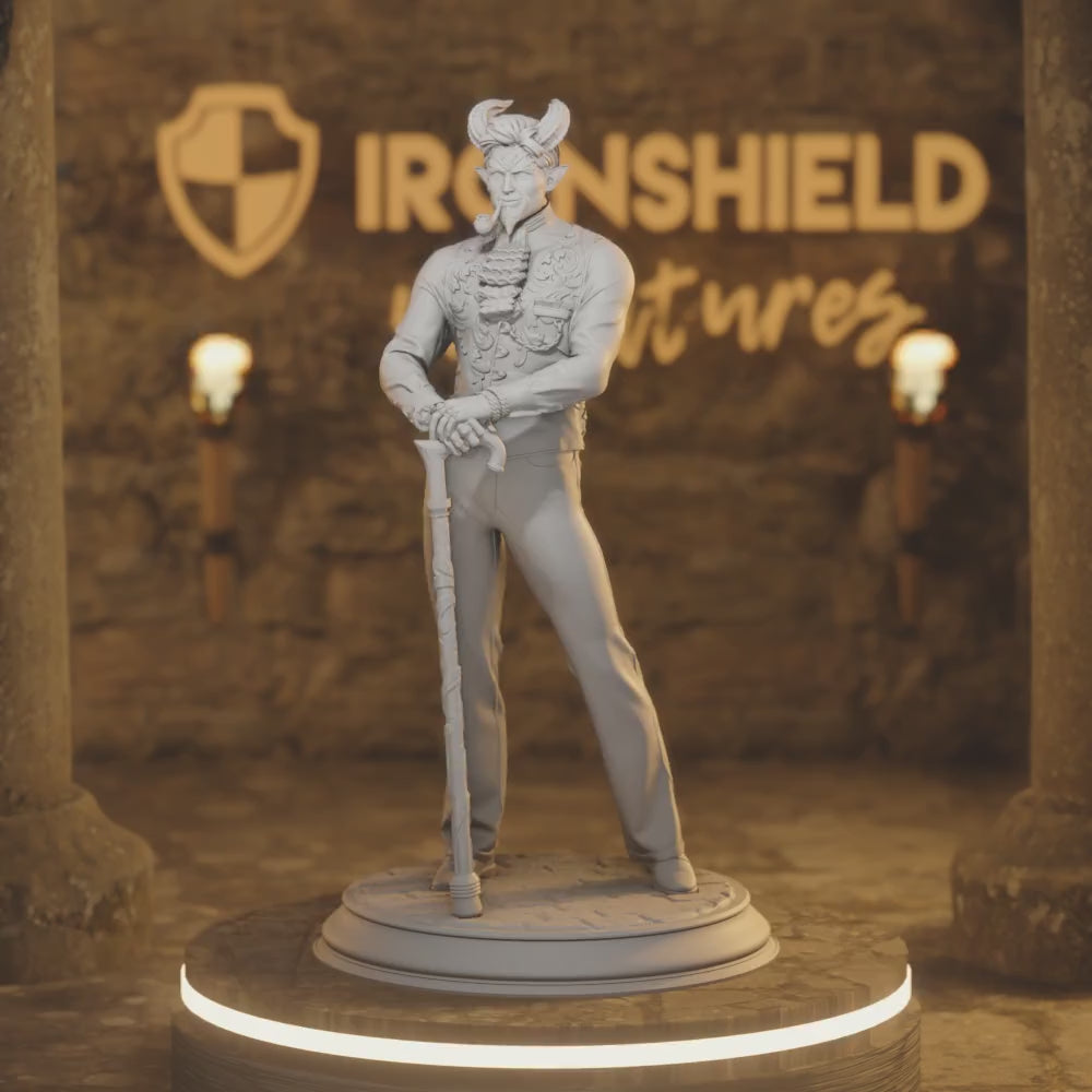 Tiefling Devil Dealer - Xarvir Undead Figure + COIN + base print 3d 12k miniature Gift Idea mini Dungeons & Dragons Tabletop DM Stash — 360° rotating view of 3D printed DnD miniature