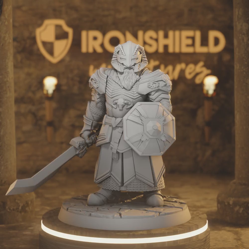 Dwarf Ram Fighter Knight Warrior — 360° rotating view of 3D printed DnD miniature