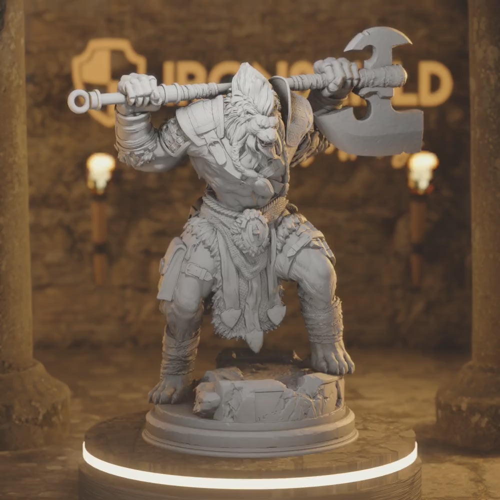 Lionfolk Barbarian Beastfolk Warrior - Ezeqial — 360° rotating view of 3D printed DnD miniature