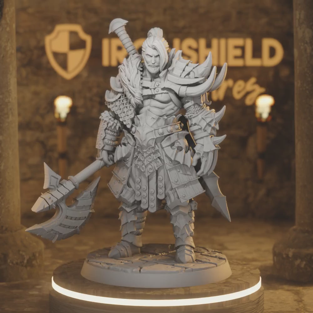 Kron berserker barbarian armed fighter axe — 360° rotating view of 3D printed DnD miniature