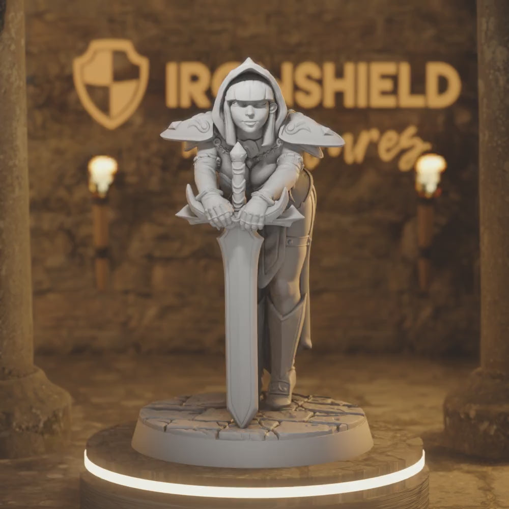 Silencia - Female Paladin Sword Fighter — 360° rotating view of 3D printed DnD miniature