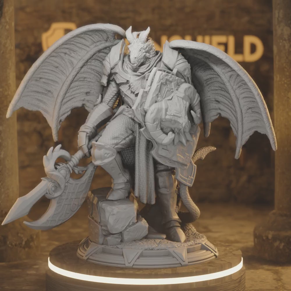 Beastfolk Dragonfolk Knight Tharvian Fighter — 360° rotating view of 3D printed DnD miniature