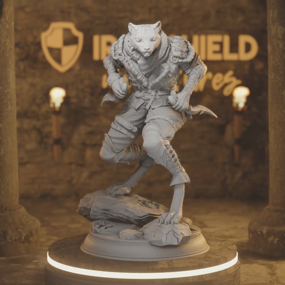 Tabaxi Beastfolk Snow Leopard Rogue - Curatio — 360° rotating view of 3D printed DnD miniature