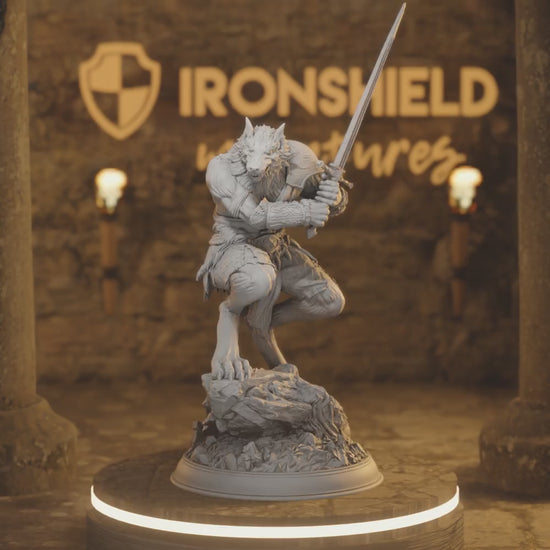 Werewolf Barbarian Fighter - Lucian Grey — 360° rotating view of 3D printed DnD miniature