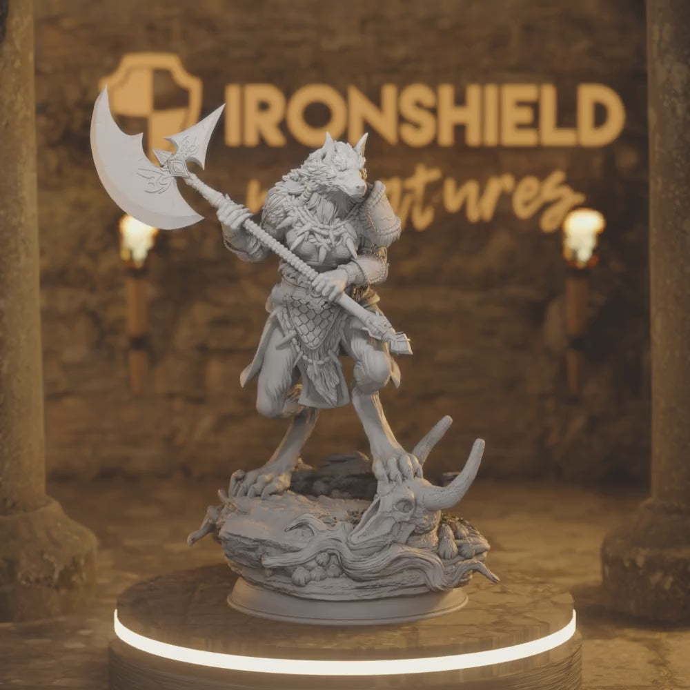 Beastfolk Werewolf Barbarian Fighter - Ariana Grey — 360° rotating view of 3D printed DnD miniature